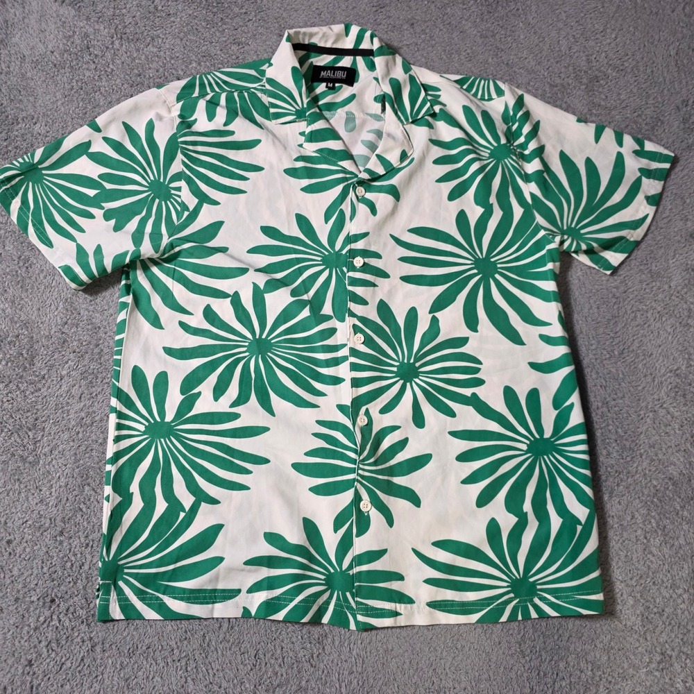 Malibu Mens M Short Sleeve Button Up White Green‎ Floral Camp Collar Shirt